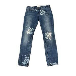 Free People Womens Jeans Size 27 Blue Floral Distressed Crop Leg